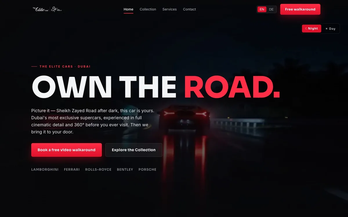 Dunkle Startseite eines Supercar-Händlers mit der Überschrift „Own the road.“ und einem Knopf für einen Video-Rundgang.